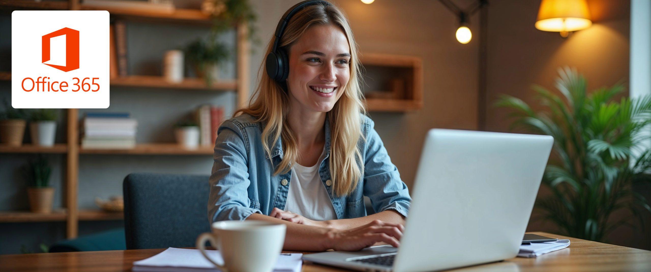 Freundlicher Office 365 Berater in einem virtuellen Microsoft Teams Meeting, der Kunden bei der Lösung von Problemen mit Power Automate, SharePoint und anderen Office 365-Tools unterstützt. Die Szene zeigt eine professionelle, einladende Atmosphäre mit Laptop, Kaffeetasse und einer gemütlichen Arbeitsumgebung.